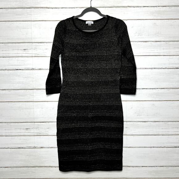 Calvin Klein Black Gold Stripe Metallic Sweater Dress Size Small - Picture 1 of 9